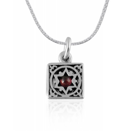 Silver Travelers Prayer and Garnet Star of David Pendant by Golan Studio