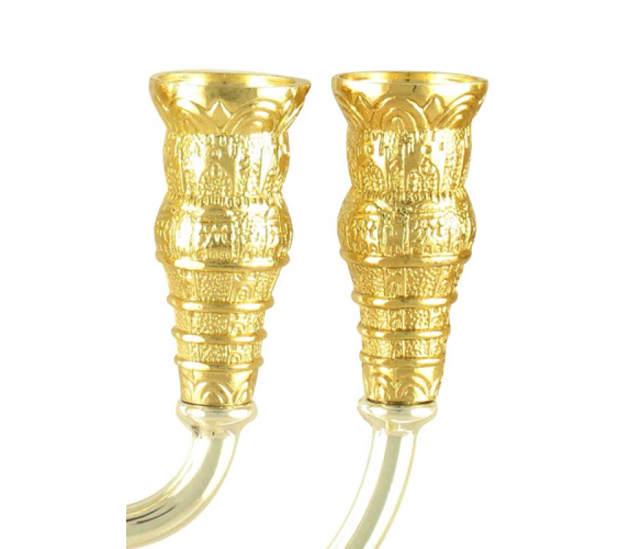 Silver and Gold Two Tone 7 Branch Menorah with Jerusalem Images – 8.6” Height