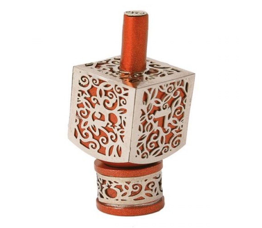 Silver on Orange Hanukkah Dreidel with Cutout Pomegranates - Yair Emanuel