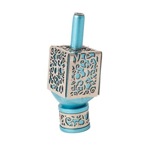 Silver on Turquoise Hanukkah Dreidel and Stand with Cutout Pomegranates - Yair Emanuel