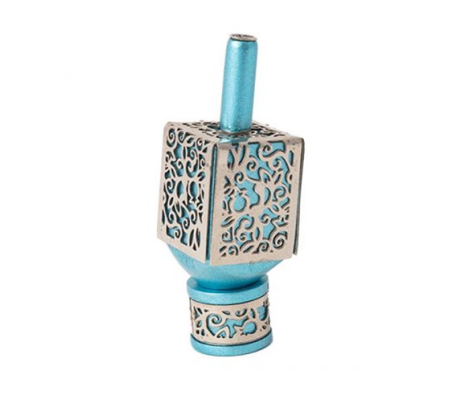 Silver on Turquoise Hanukkah Dreidel and Stand with Cutout Pomegranates - Yair Emanuel