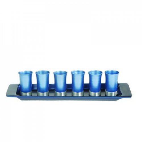 Six Anodized Aluminum Kiddush Cups and Tray, Metallic Colors - Yair Emanuel