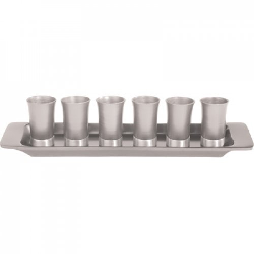 Six Anodized Aluminum Kiddush Cups and Tray, Metallic Colors - Yair Emanuel