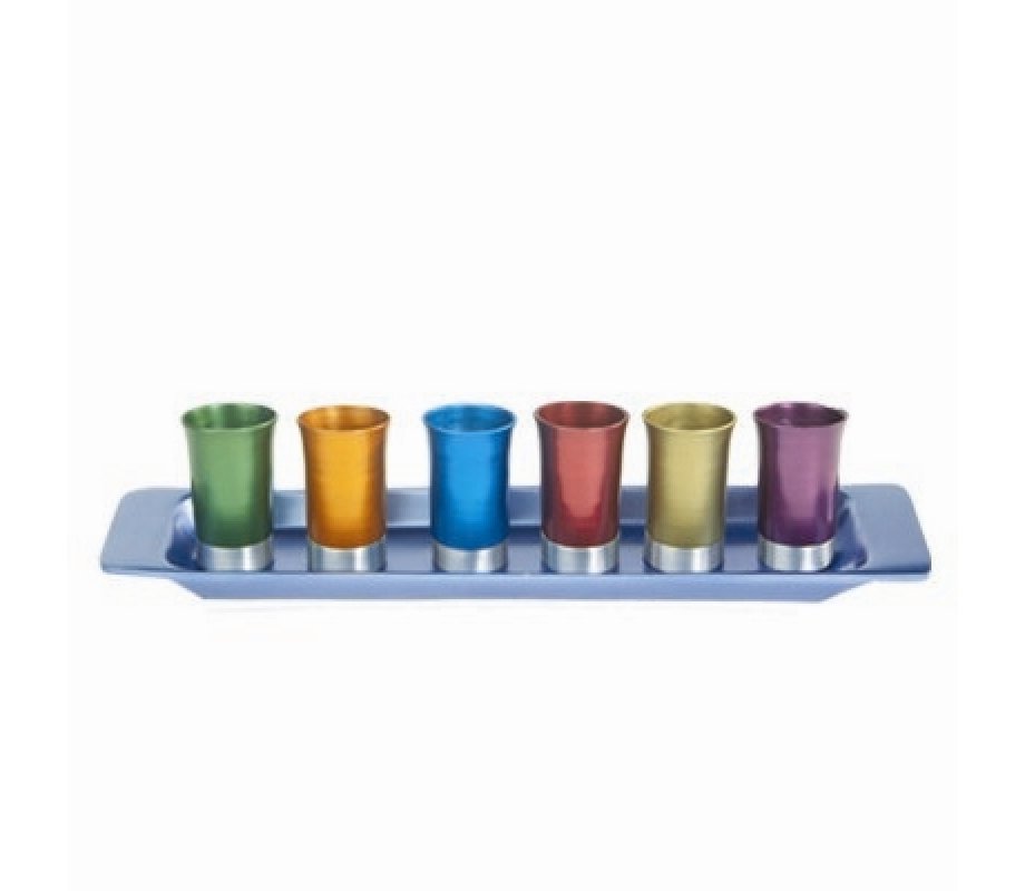 Six Anodized Aluminum Kiddush Cups and Tray, Metallic Colors - Yair Emanuel