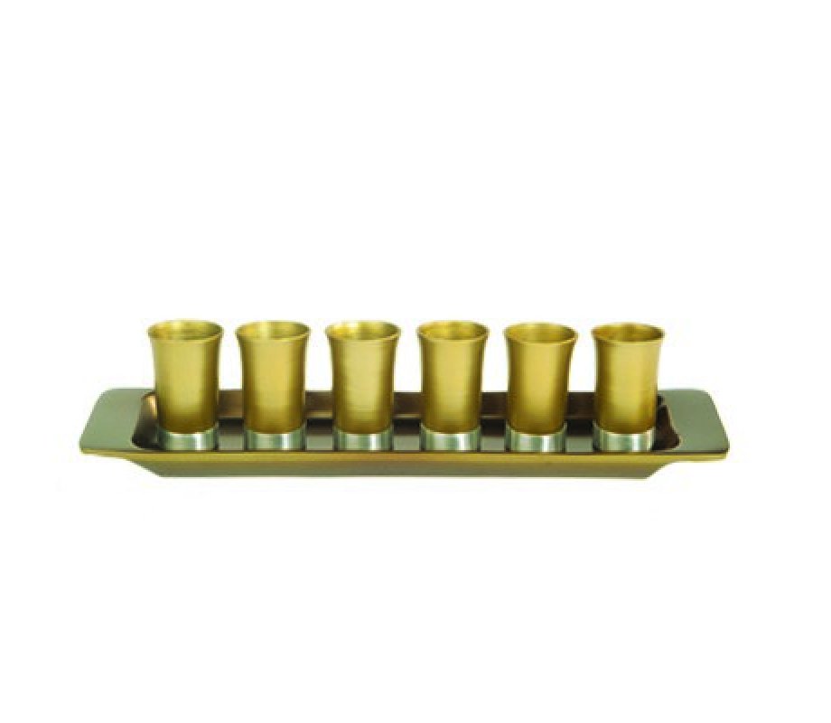 Six Anodized Aluminum Kiddush Cups and Tray, Metallic Colors - Yair Emanuel