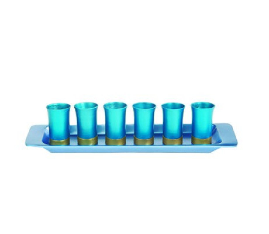 Six Anodized Aluminum Kiddush Cups and Tray, Metallic Colors - Yair Emanuel