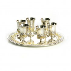 Six Decorative Small Kiddush Cups on Tray - Silver Plated with Gold Elements