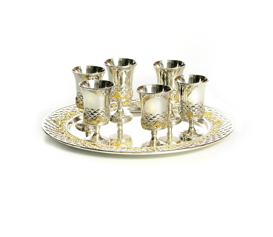 Six Decorative Small Kiddush Cups on Tray - Silver Plated with Gold Elements
