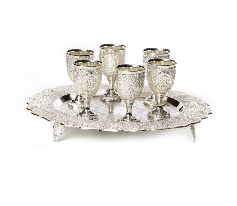 Six Filigree Design Small Kiddush Cups with Matching Circular Tray - Filigree Design