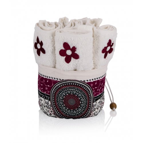 Six Flower Hand Washing Towels in Maroon Mandala Decorated Holder - Dorit Judaica