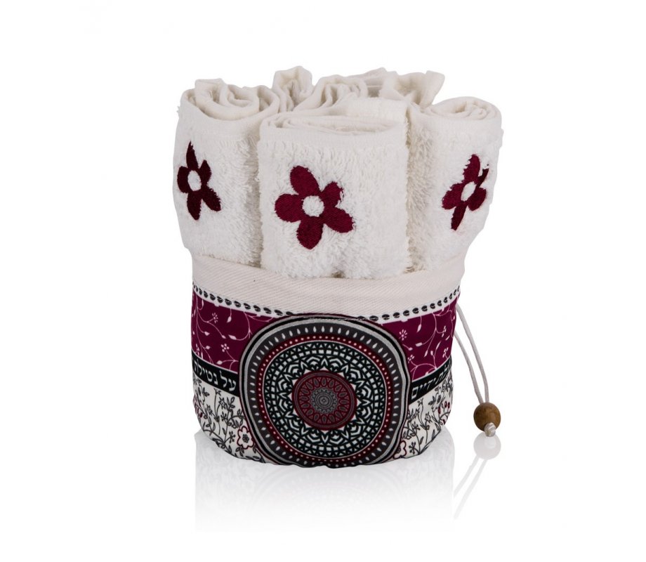 Six Flower Hand Washing Towels in Maroon Mandala Decorated Holder - Dorit Judaica