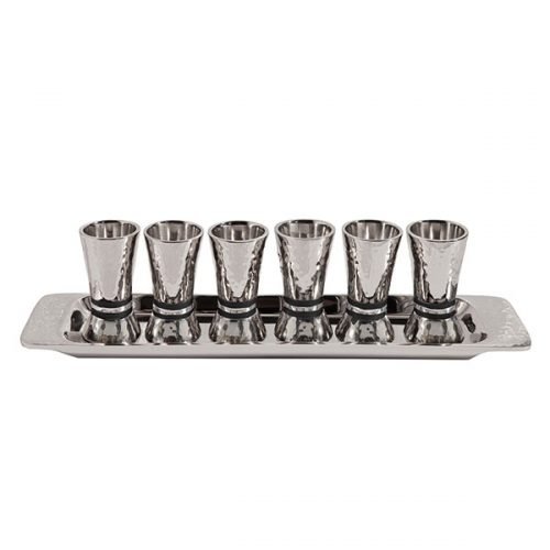 Six Hammered Aluminum Kiddush Cups and Tray, Black Bands - Yair Emanuel