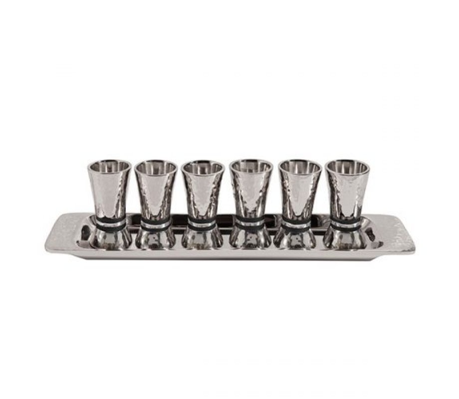 Six Hammered Aluminum Kiddush Cups and Tray, Black Bands - Yair Emanuel