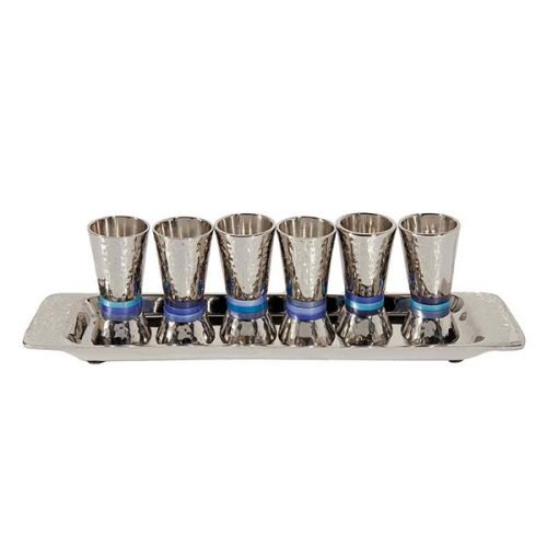Six Hammered Aluminum Kiddush Cups and Tray, Blue Bands - Yair Emanuel
