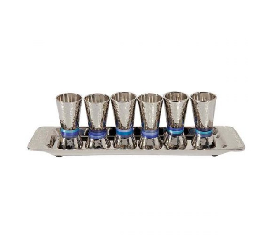 Six Hammered Aluminum Kiddush Cups and Tray, Blue Bands - Yair Emanuel