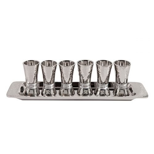 Six Hammered Aluminum Kiddush Cups and Tray, Silver Bands - Yair Emanuel