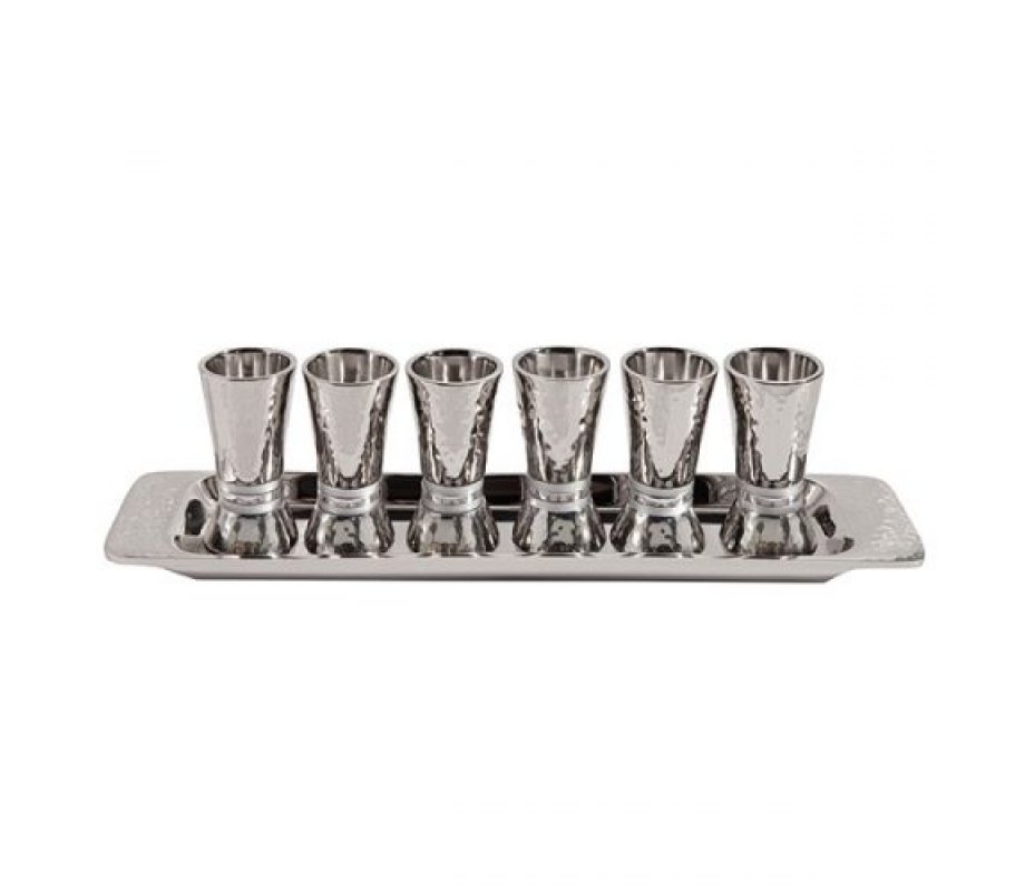 Six Hammered Aluminum Kiddush Cups and Tray, Silver Bands - Yair Emanuel
