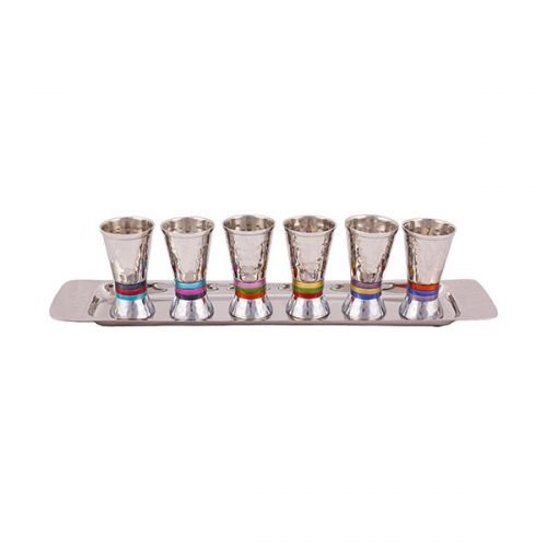 Six Hammered Aluminum Kiddush Cups with Tray, Multicolor Bands - Yair Emanuel