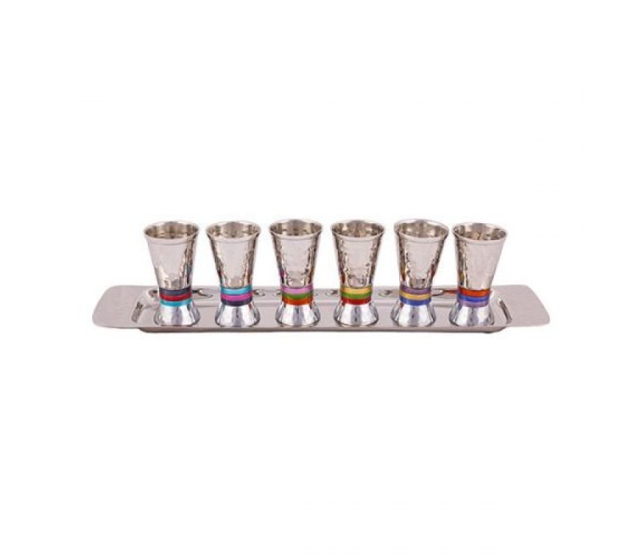 Six Hammered Aluminum Kiddush Cups with Tray, Multicolor Bands - Yair Emanuel