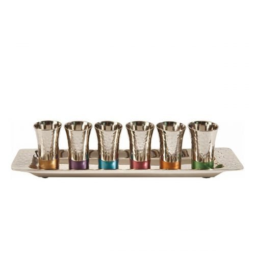 Six Hammered Nickel Kiddush Cups and Tray, Multicolor - Yair Emanuel