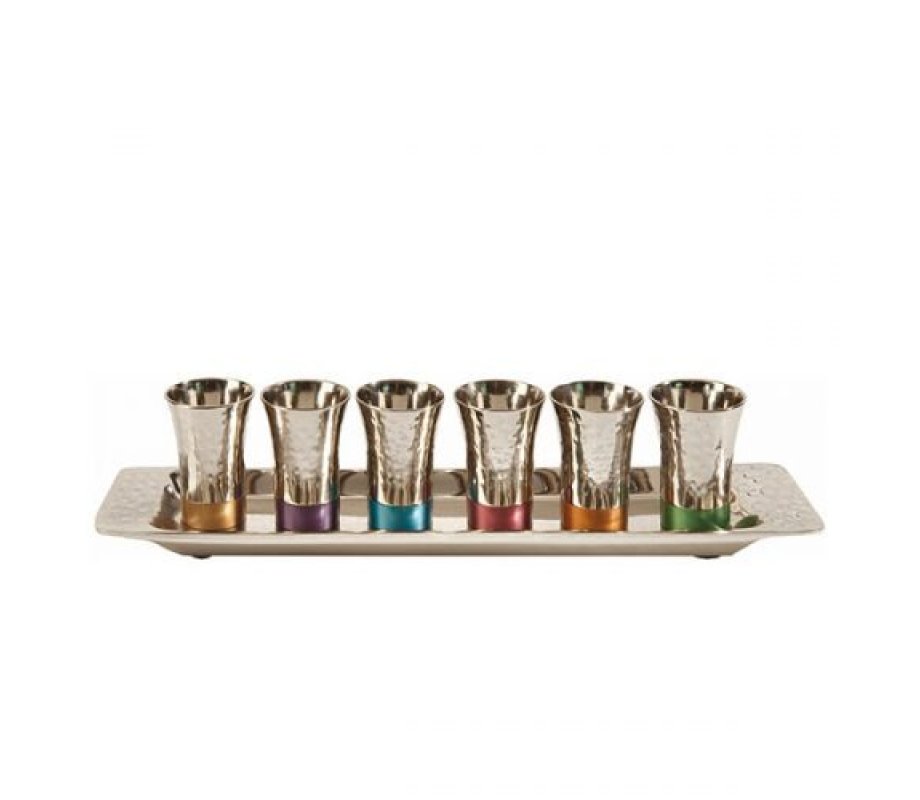 Six Hammered Nickel Kiddush Cups and Tray, Multicolor - Yair Emanuel