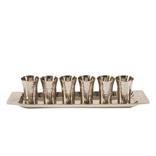 Six Hammered Nickel Kiddush Cups and Tray, Silver Color - Yair Emanuel
