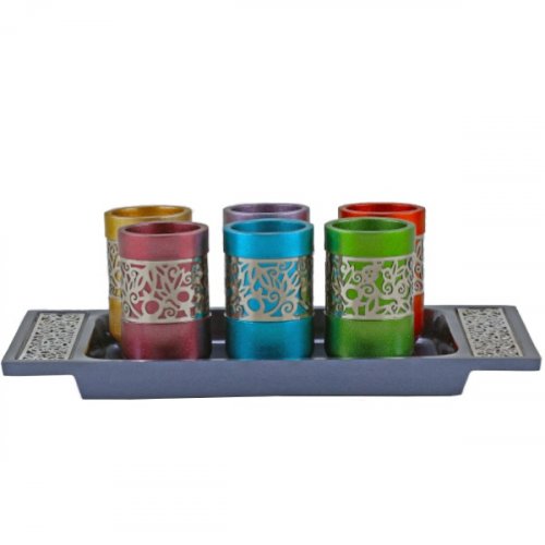 Six Pomegranate Decorated Kiddish Cups on Tray, Silver on Multicolor - Yair Emanuel