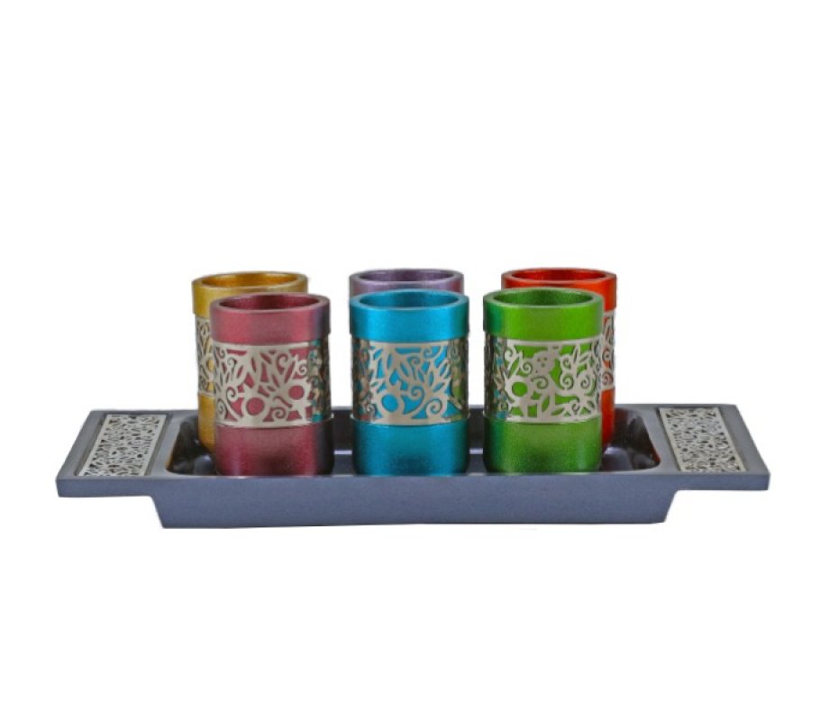 Six Pomegranate Decorated Kiddish Cups on Tray, Silver on Multicolor - Yair Emanuel