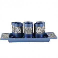 Six Pomegranate Decorated Kiddush Cups on Tray, Blue and Silver - Yair Emanuel