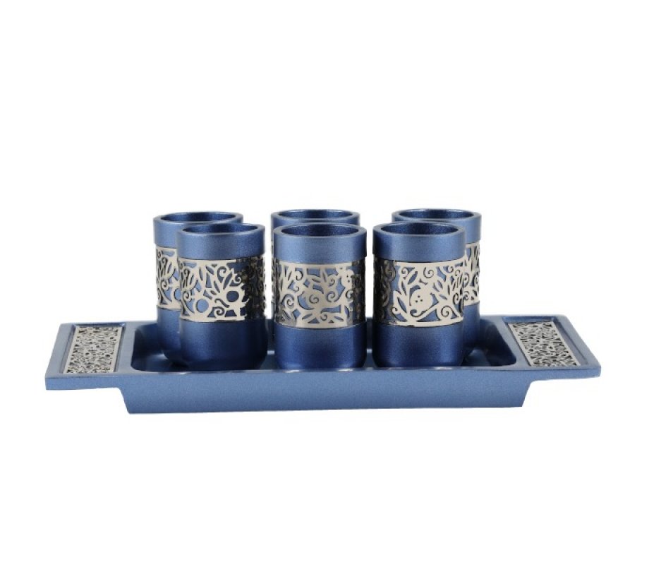 Six Pomegranate Decorated Kiddush Cups on Tray, Blue and Silver - Yair Emanuel