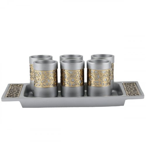 Six Pomegranates Decorated Kiddush Cups on Tray, Gold on Silver - Yair Emanuel