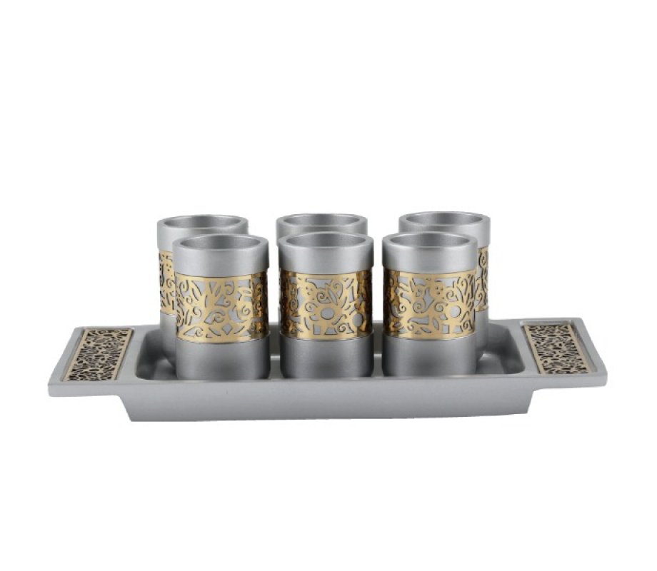 Six Pomegranates Decorated Kiddush Cups on Tray, Gold on Silver - Yair Emanuel