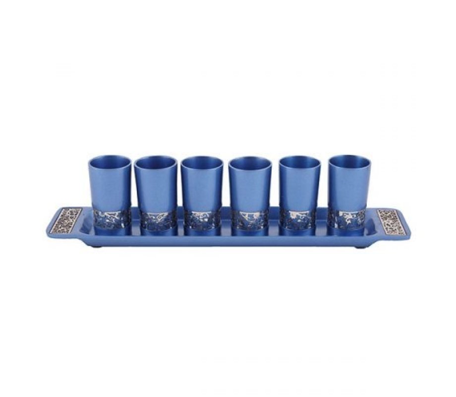 Six Small Blue Kiddush Cups with Tray, Pomegranate Cutout - Yair Emanuel