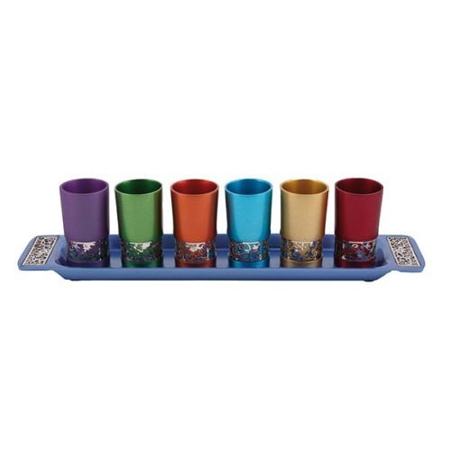 Six Small Colorful Kiddush Cups with Tray, Pomegranate Cutout - Yair Emanuel