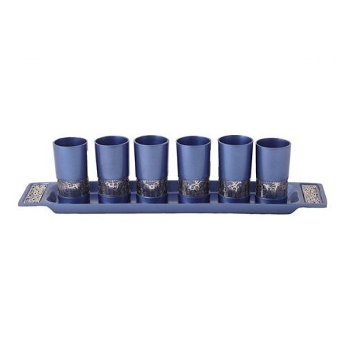 Six Small Kiddush Cups with Tray Blue, Jerusalem Cutout - Yair Emanuel