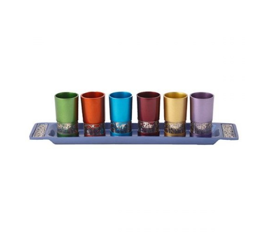 Six Small Kiddush Cups with Tray Colorful, Jerusalem Cutout - Yair Emanuel