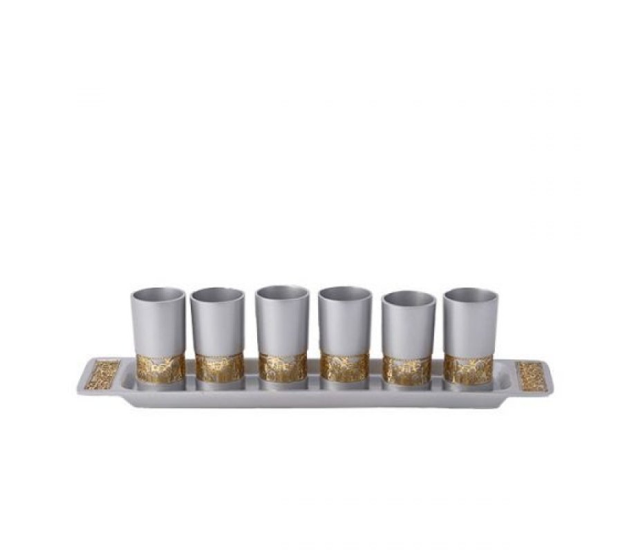 Six Small Silver Kiddush Cups with Tray, Gold Jerusalem Cutout - Yair Emanuel