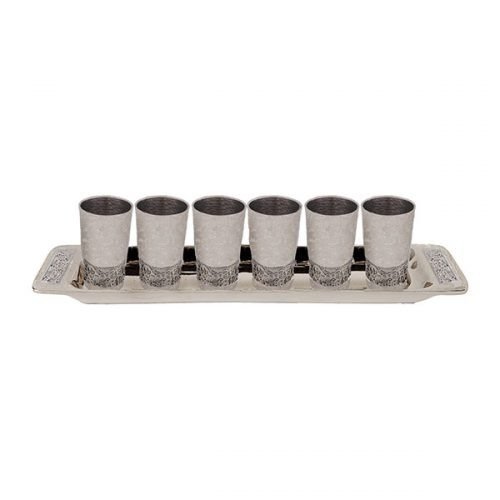 Six Small Silver Kiddush Cups with Tray, Jerusalem Cutout Yair