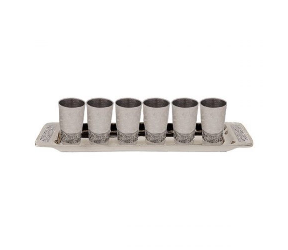 Six Small Silver Kiddush Cups with Tray, Jerusalem Cutout - Yair Emanuel