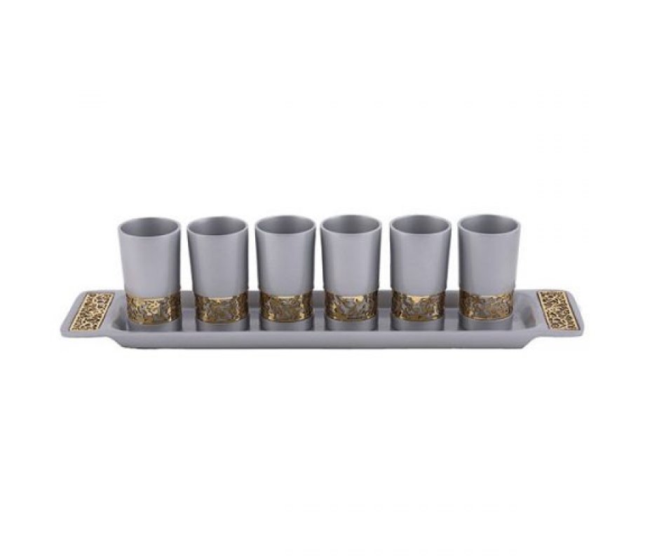 Six Small Silver Kiddush Cups with Tray, Pomegranate Cutout - Yair Emanuel