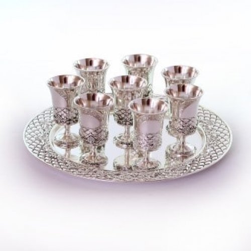 Six Small Stem Kiddush Cups Standing on Matching Tray - Silver Plated