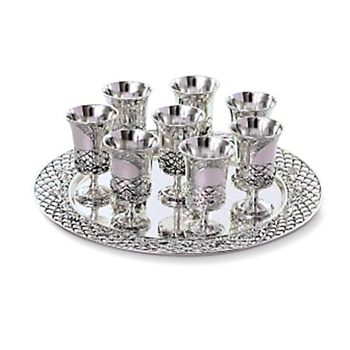 Six Small Stem Kiddush Cups Standing on Matching Tray - Silver Plated