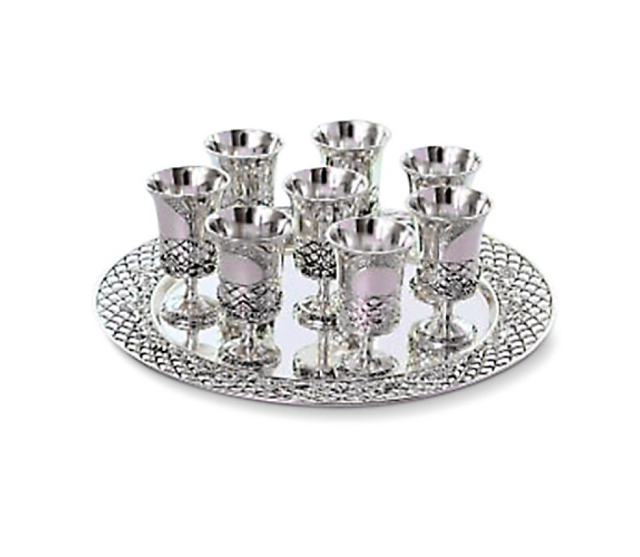 Six Small Stem Kiddush Cups Standing on Matching Tray - Silver Plated