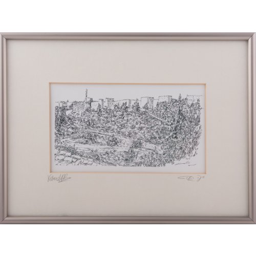 Sketch Print of Mount Zion, Jerusalem Walls and Tower of David - YehuditsArt