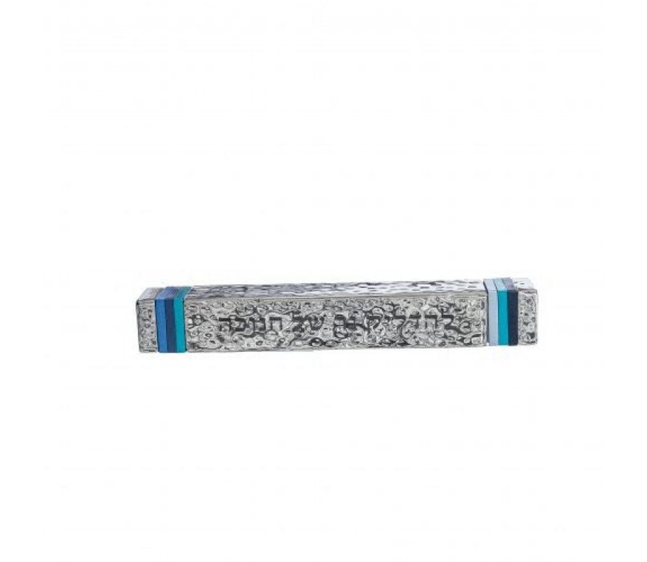 Sliding Compact Pocket Menorah with Blessing Words, Blue Stripes - Yair Emanuel