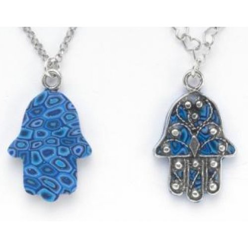 Small Blue Oriental Hamsa Necklace by Adina Plastelina