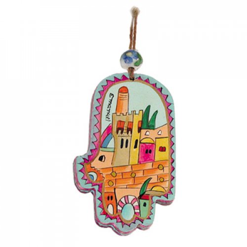 Small Colored Wood Wall Hamsa, Tower of David - Yair Emanuel