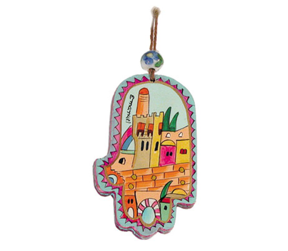 Small Colored Wood Wall Hamsa, Tower of David - Yair Emanuel