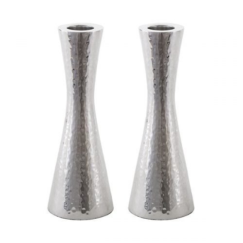 Small Cone Shaped Candlesticks, Hammered Nickel - Yair Emanuel