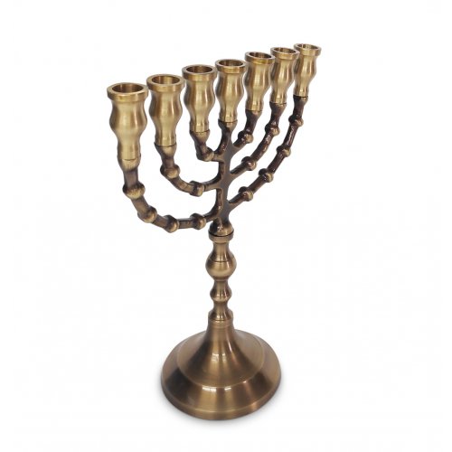 Small Dark Gold Brass Seven Branch Menorah, Antique Look Finish - 8.5